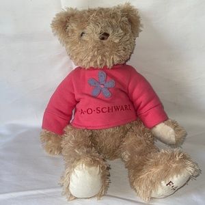 F.A.O. SCHWARZ Plush Girl Teddy Bear Pink Flower Shirt 15" Soft Fluffy Cuddly